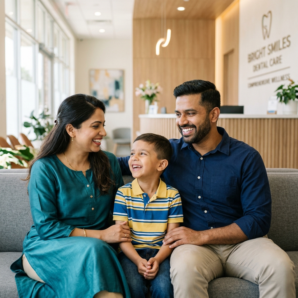 Indian family smiling at Verma Dental Clinic lobby